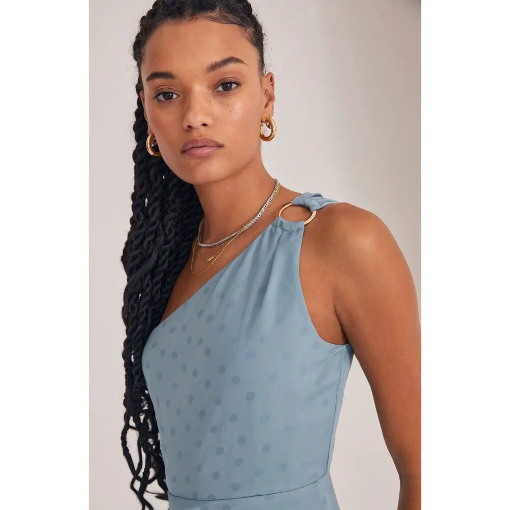 🆕FAVORITE DAUGHTER The Singles Table One Shoulder Dress Gown Polka Dot Blue 4 - Picture 5 of 16